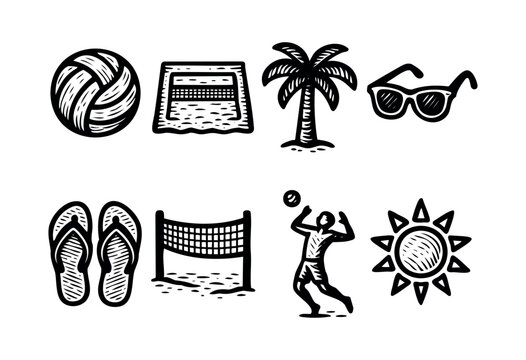 A collection of beach themed icons, including a volleyball, palm tree, sunglasses, and flip flops, rendered in a bold, hand-drawn style &mdash; stock vector.