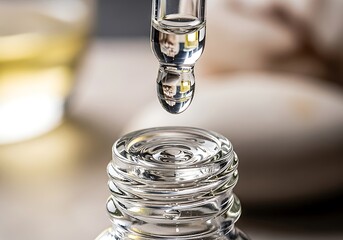 A close-up shot of a glass dropper dispensing a clear liquid into a small bottle representing skincare and cosmetic products