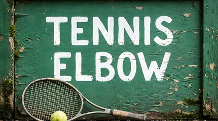 Obraz premium Tennis Elbow Concept. A tennis racquet rests casually below the words Tennis Elbow in crisp, bold lettering, with a tennis ball on the ground, creating a visual statement.