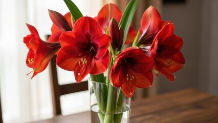 A red amaryllis flower arrangement in a vase on a wooden table.