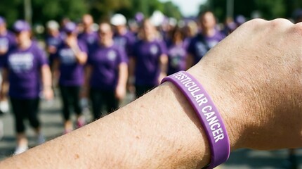 Determined participant wears purple wristband supporting testicular cancer awareness at charity walk