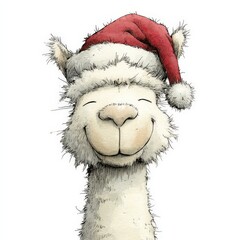 Naklejka premium alpaca - cute smiling animal character wearing a red santa hat