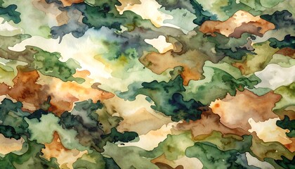 Abstract watercolor painting in greens, browns and yellows, resembling foliage or a landscape with blended colors