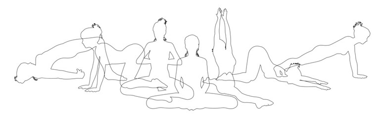 Fototapeta premium Silhouette yoga pilates women poses set. Active sports people healthy players fitness silhouettes concept.