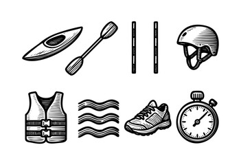 A set of kayaking equipment and athletic tools are drawn in black and white with a vintage illustration style — stock vector.