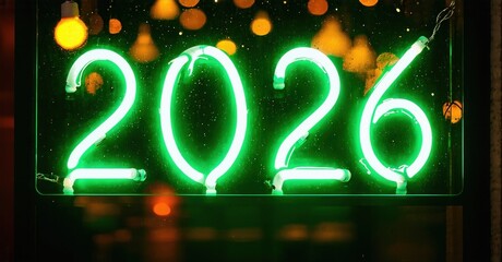 Bright green neon sign displays year 2026. Bokeh lights create festive, dark background. Future concept, celebration imagery.