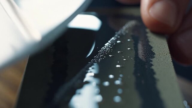 Macro close-up of knife edge sharpening on whetstone