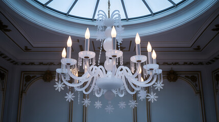Abandoned Ballroom Ice Chandelier with Frozen Crystal Snowflakes Melting in Cold Winter Hall