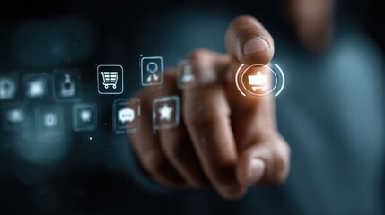 Customer experience and digital marketing concept as finger interacts with digital interface showing feedback, online shopping, and personalized engagement