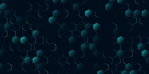 Abstract hexagon blue background banner futuristic business data technology modern concept, polygon shape lines connecting link dark blue contrast