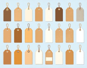 Set of assorted paper tags, with attached string, presented in various shapes and hues