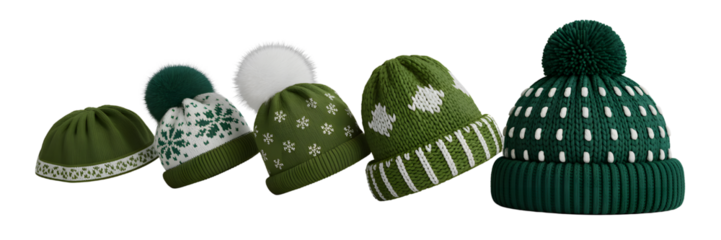 Collection of knitted green hats isolated on transparent background