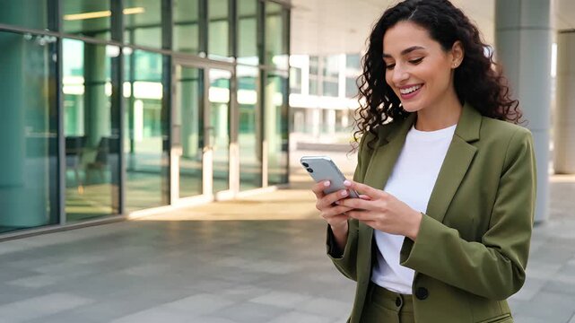 Smiling businesswoman in olive suit texting on smartphone outside modern glass office building