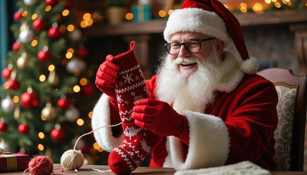 Santa Claus knitting stocking for Christmas gifts - Powered by Adobe