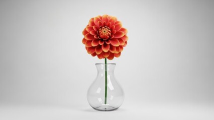 A single orange dahlia flower in a clear glass vase on a white background.