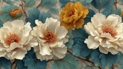 Obraz premium Vintage seamless floral background depicts white and yellow blossoms with teal leaves perfect for wallpaper or fabric design