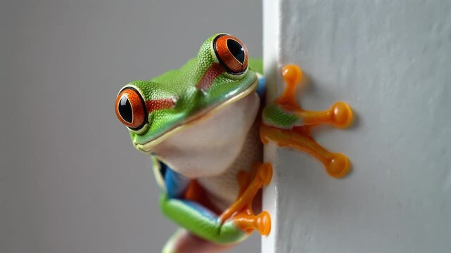 A macro closeup of a colorful red-eyed tree frog or green amphibian isolated on a green leaf in nature and tropical wildlife