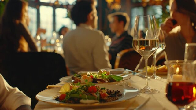 Video A table set with a plate of food, glass of wine, and other dining essentials