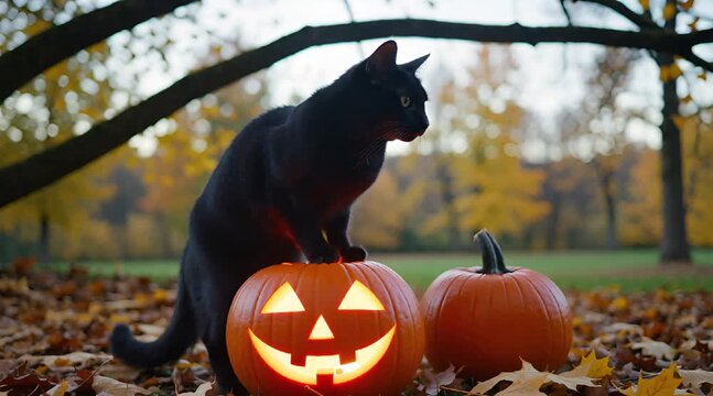 Black cat stands upon glowing carved jack o' lantern surrounded by autumn leaves in a park