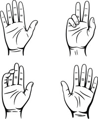 Hand gestures drawing, human palm sketch, open fingers, counting signs, line art, cad drawing flat vector illustration, minimal style