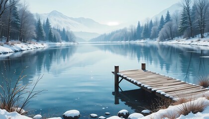 Serene frozen lake with a worn wooden dock, surrounded by snow-covered evergreen trees. Water color illustration