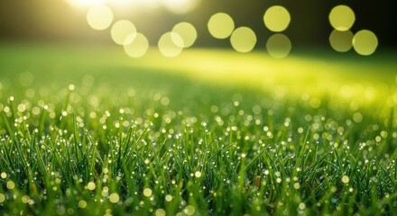 Dewdrops sparkle on green grass in morning sunlight