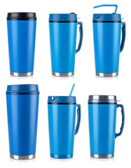 Set of blue insulated travel mugs, various angles and lid styles against white background