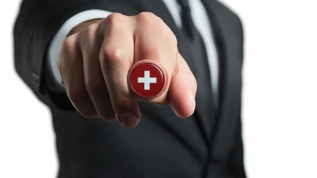 Video A businessman gestures towards a cross-shaped button, suitable for use in s about faith, spirituality or morality