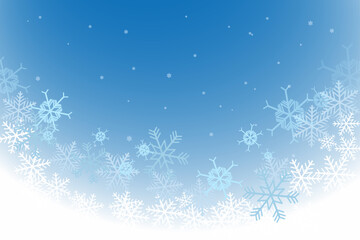 Detailed Blue Gradient Winter Background with Lower Border of Stylized Layered Snowflakes and Falling Snow Effect