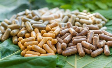 Various herbal supplement capsules. Selective focus.