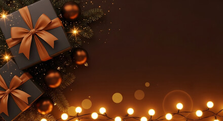 Obraz premium brown new year background, new year celebration background, new year gifts, brown gift boxes