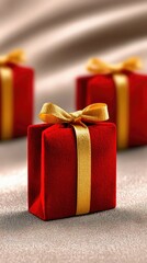 Obraz premium Red Gift Boxes with Gold Ribbons on a Textured Surface
