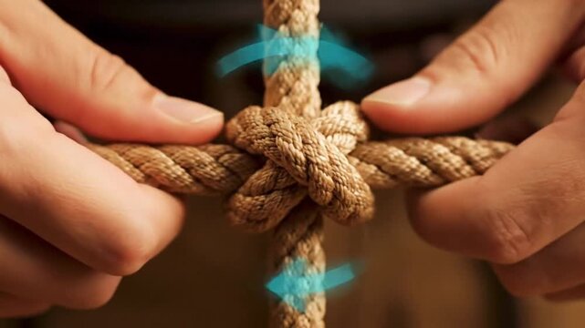 Close-up of hands tying a knot in a thick rope, demonstrating a nautical or sailing technique with blue arrows indicating movement and tension for a clear visual guide