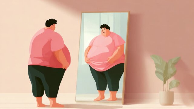 Self-Reflection and Body Image: A Visual Journey of Self-Perception Featuring an Individual Evaluating Their Appearance in a Mirror with Introspection and Thoughtfulness.