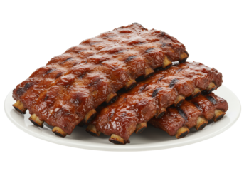 Four large racks of juicy grilled pork ribs, glistening with barbecue sauce and char marks, on a white ceramic plate against a transparent studio background with gentle bokeh, delicious food concept