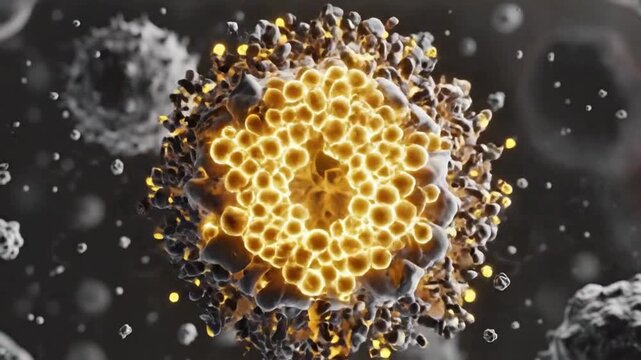 3d rendering of a virus particle with spikes surrounded by glowing yellow spheres, microscopic view