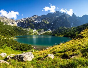 Serene mountain lake scene with lush greenery, dramatic peaks, and a partly cloudy blue sky