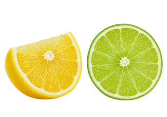 A vibrant yellow lemon wedge and bright green half lime, glistening with juice and intricate pulp on a transparent background, ample copy space, natural purity concept
