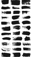 Set of diverse textured black brush strokes, splashes, and marks on a white background