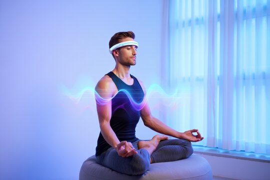 Man in black tank top meditating with biofeedback headband and glowing waves