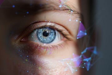 Extreme close-up of a human eye with a complex futuristic digital data interface and geometric overlay