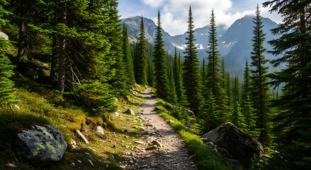 Scenic mountain hiking trail winding through a dense evergreen forest with tall pine trees and rocky terrain under a partly cloudy sky