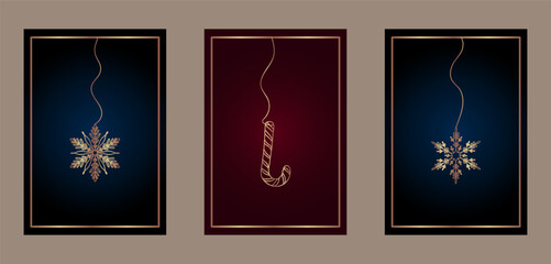 Chic Gold Holiday Ornaments on Dark Gradient Cards