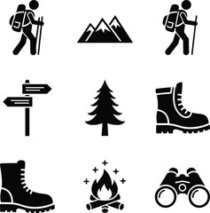 Flat vector illustration of hiking icons including boots, backpack, forest tree, mountain, binoculars, campfire, and trail signs for adventure.