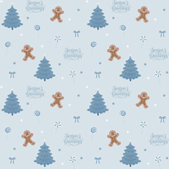 Gingerbread Man and Blue Christmas Tree Seamless Pattern