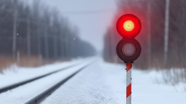 Snowstorm for travel warning, illuminated red railway signal on snowy tracks.