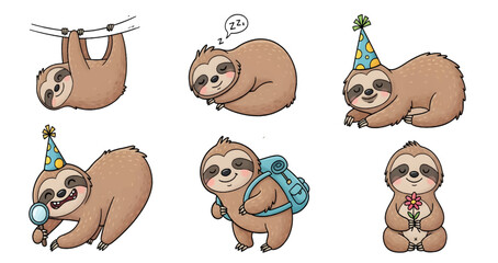 Naklejka premium Set of Six Cute Sloth Cartoon Characters with Party, Travel, and Sleep Poses