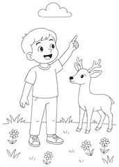 coloring book Boy Pointing Sky With Deer – A kid points at something exciting in the sky while the deer watches.