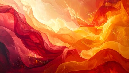 Abstract waves cascade from red to orange, suggestive of heat or flow, with soft gradient shifts and wispy textures