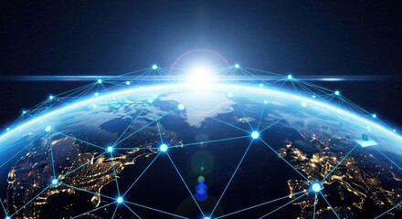 Global network connections over Earth at sunrise